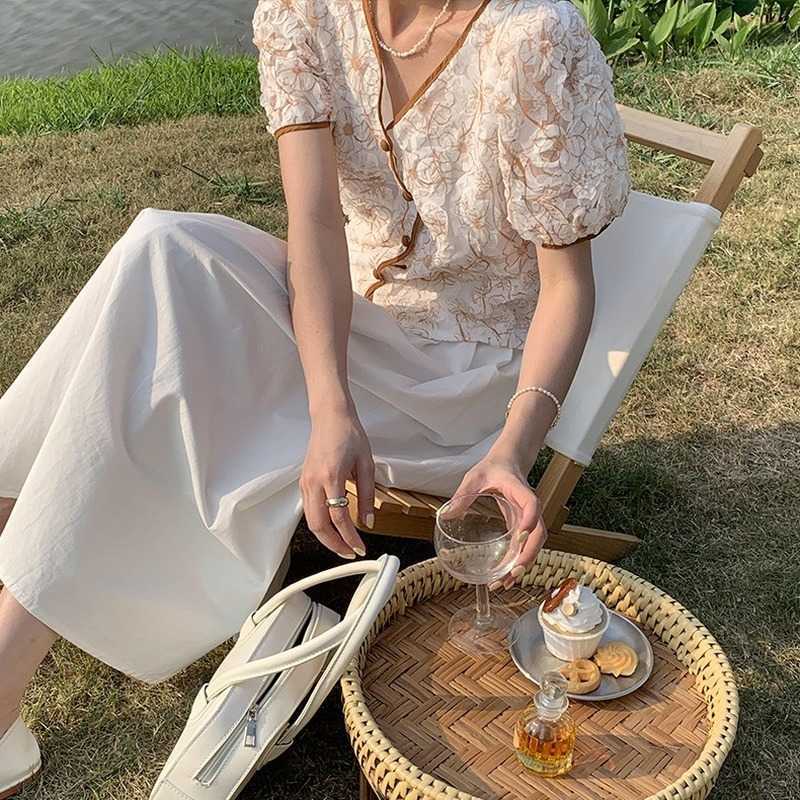 3D Floral French Style Crop Tops Female Elegant Temperament V-neck Cardigan Korean Sweet Fresh Cute All-match Blouses for Women 210525