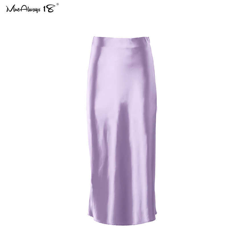 Mnealways18 Solid Purple Satin Silk Skirt Women High Waisted Summer Long Elegant Ladies Office s Midi Spring 210619