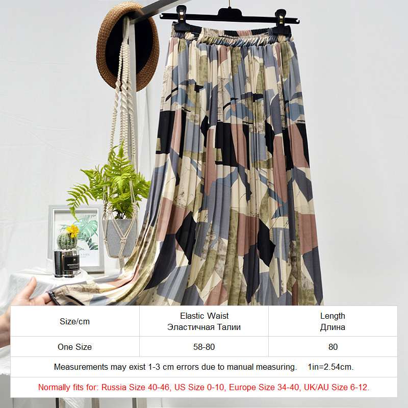 Summer Skirts Womens New Vintage Floral Print Chiffon Pleated Skirt Elastic High Waist Casual Midi Skirt Women Clothes Jupe 210309