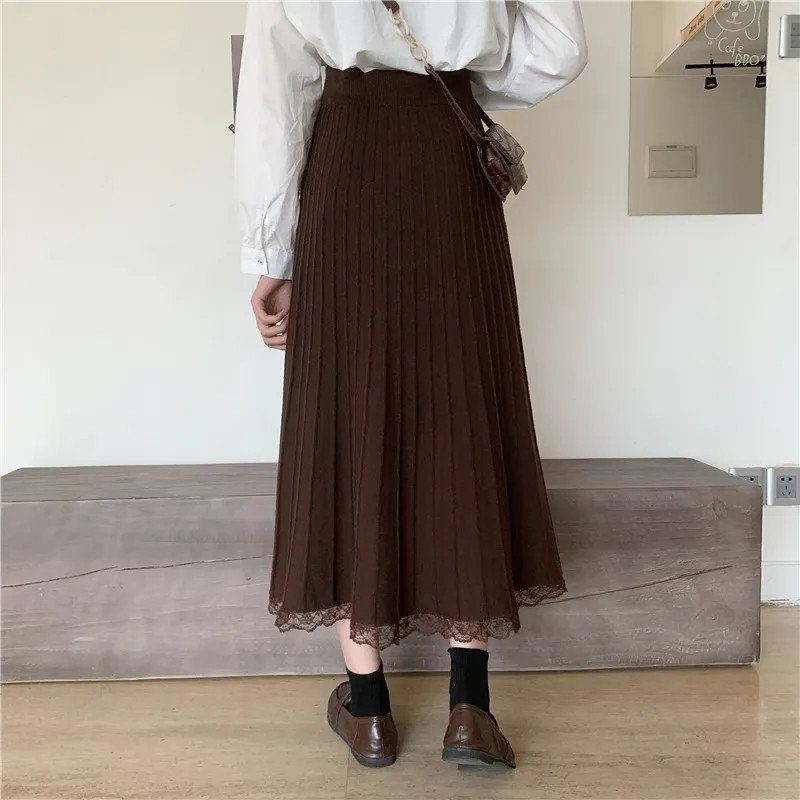 Women Winter A-Line Sweater Thick Long Skirt Female Autumn Black Pleated Skirt Koreany High Waist Elegant Lace Stitching 210311