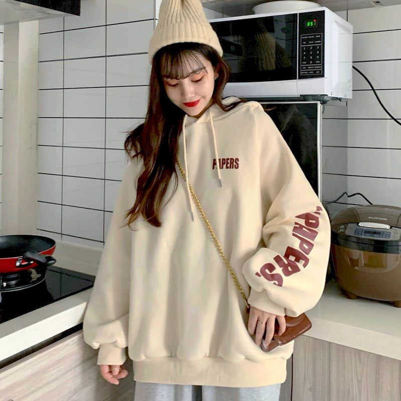 hoodie women pullover sweet japan autumn winter plus velvet thick hooded sweatshirt femal loose letter print coat long thin top 210526