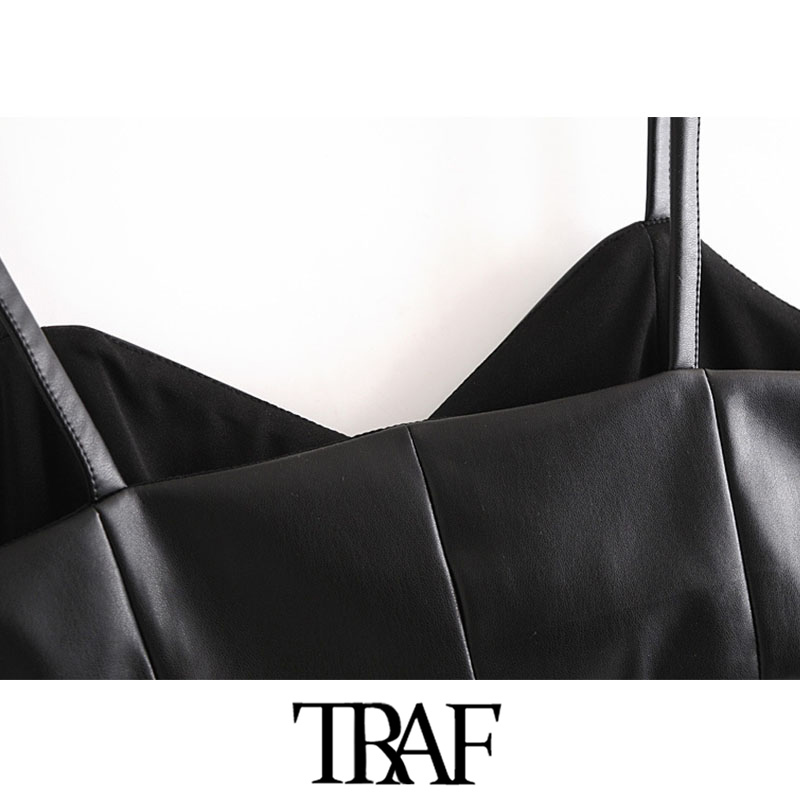 TRAF Women Sexy Fashion Faux Leather Cropped Tank Top Vintage V Neck Side Zipper Wide Straps Female Camis Chic Tops 210308