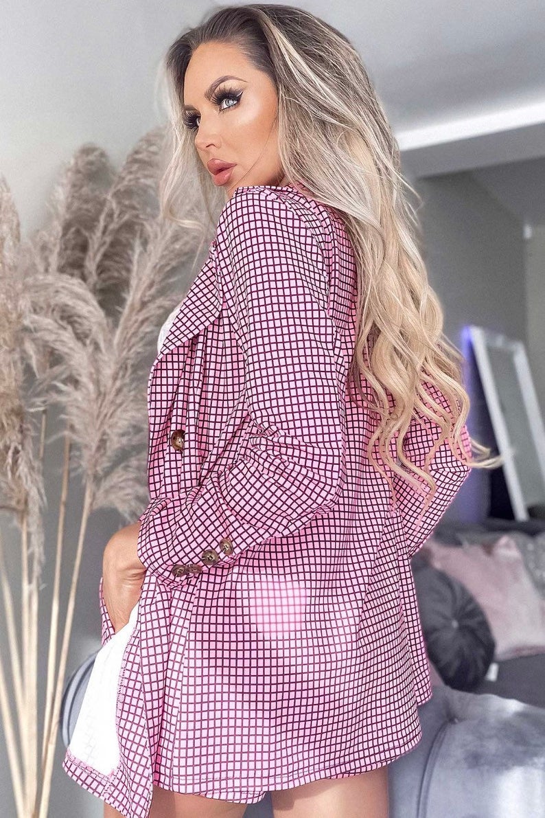 Pink Plaid Celebrity Women Blazer Pants Suits Summer Short Sexy Lady Formal Party Prom Red Carpet Outfit Coat(Jacket+Pants)