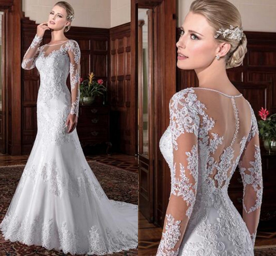 Illusion Vintage Mermaid Wedding Dress 2022 vestidos de novia Embroidery Appliques Long Sleeves White Bridal Gown robe de mariee