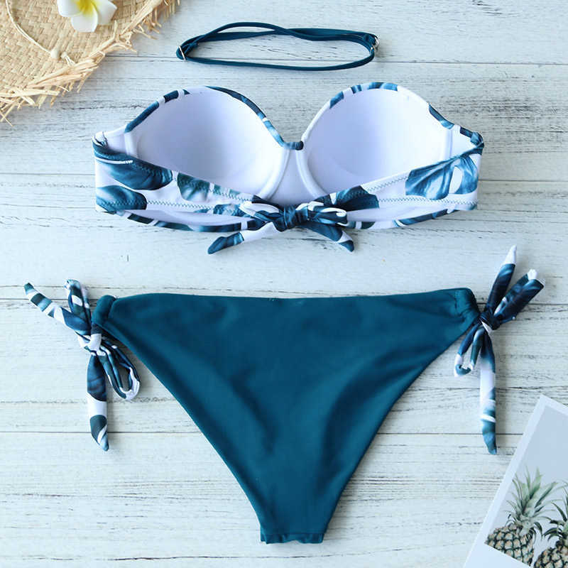 Leaves Print Bikini Swimsuit Women Push Up Set Bandeau Swimwear Female Beach Wear Bathing Suit Brazilian Biquini 210629Z