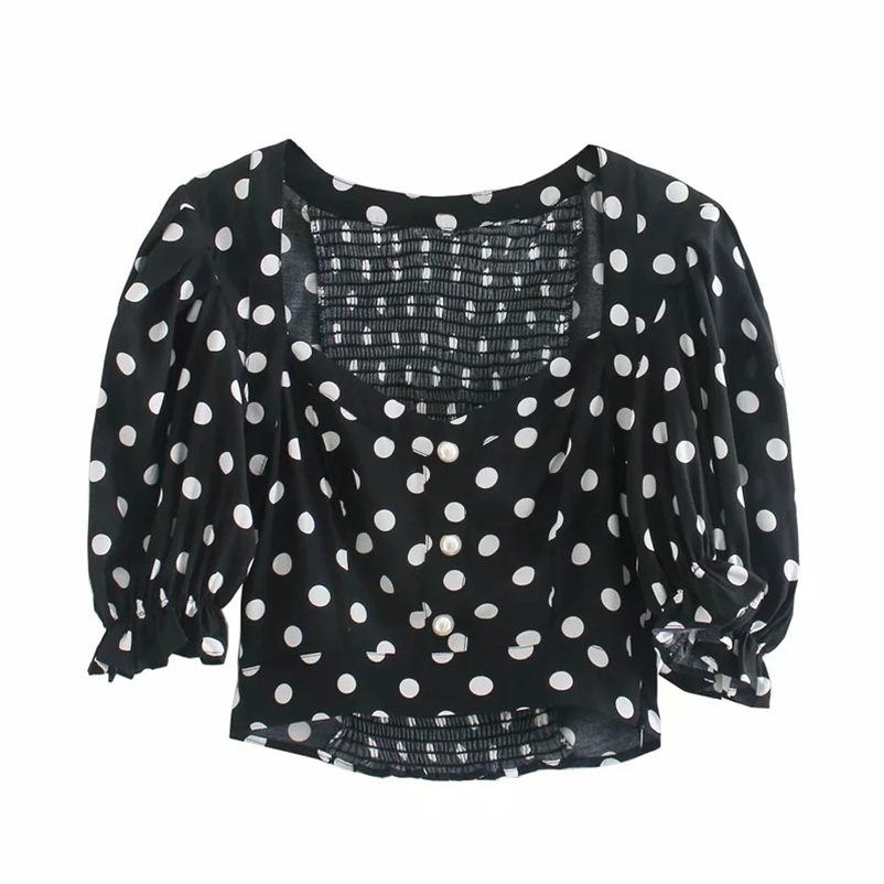 vintage women shirts summer fashion black blouses polka dot casual short dresses square collar girls 210527