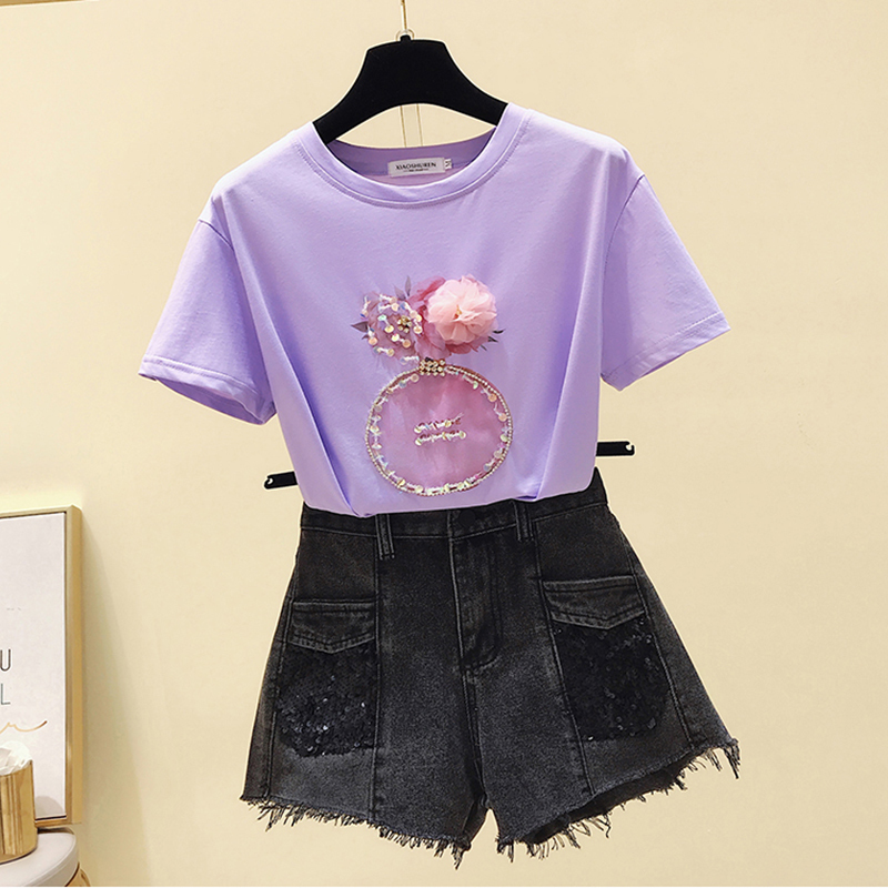 Summer Pink T shirt Women Tops Kawaii White Tshirt Women Korean Clothes Short Sleeve Casual Purple Sequins Diamond Tee shirt T200614