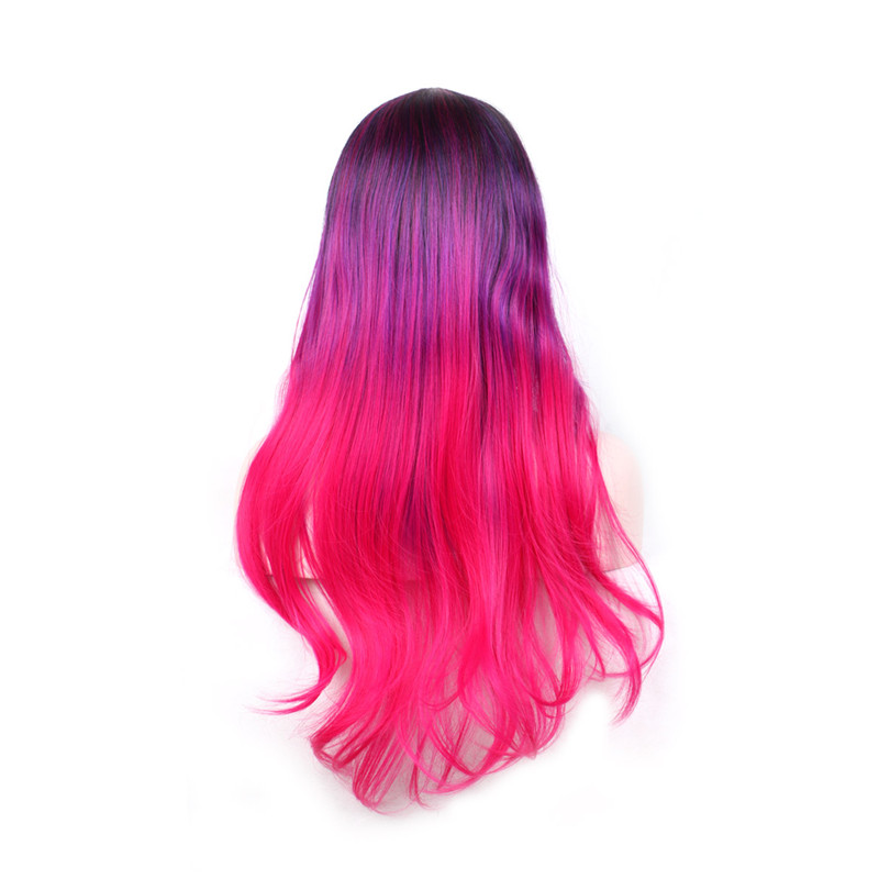 good quality synthetic fiber hair wigs ombre black purple pink mixed color cosplay wig 75cm long wavy wig with bangs women