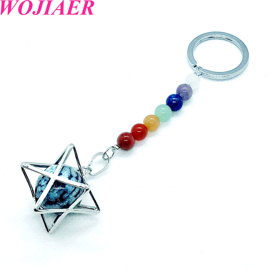 WOJIAER 7 Chakra Quartz Keychain Natural Gem Stones Beads Key Ring Merkaba Locket Pendant Car Bags Accessories Jewelry BW909