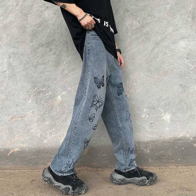 SHENGPALAE Summer Casual Jeans Woman Long Trousers Cowboy Female Loose Streetwear Butterfly Wide-leg Pants ZA4878 210809