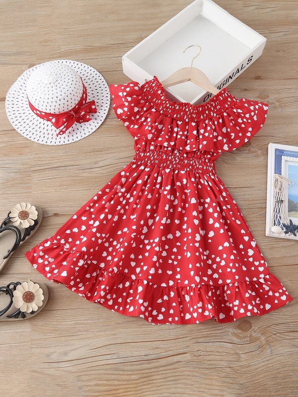 Toddler Girls Heart Print Shirred Ruffle Trim Dress With Hat SHE