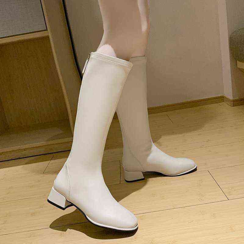 2021 Women Knee High Boots Female Leather Fetish Knight Boots Plus Size Booties Lady Low 4cm High Heels White Autumn Shoes Y1105