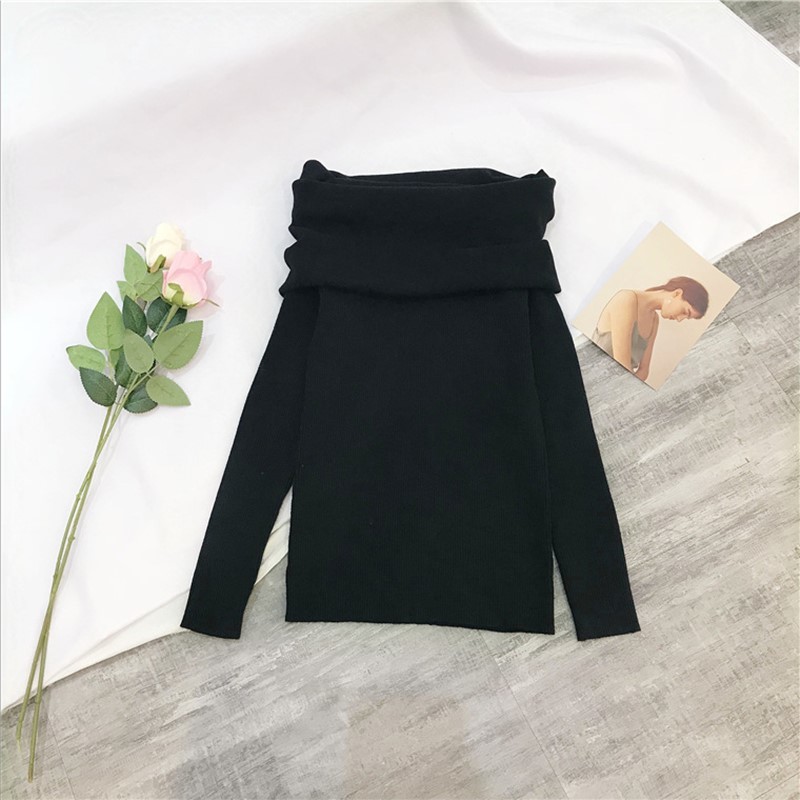 Spring Autumn off Shoulder Women Sweaters Elegant Vintage Knitted Solid Jumper High Stretch Top C-077 210218