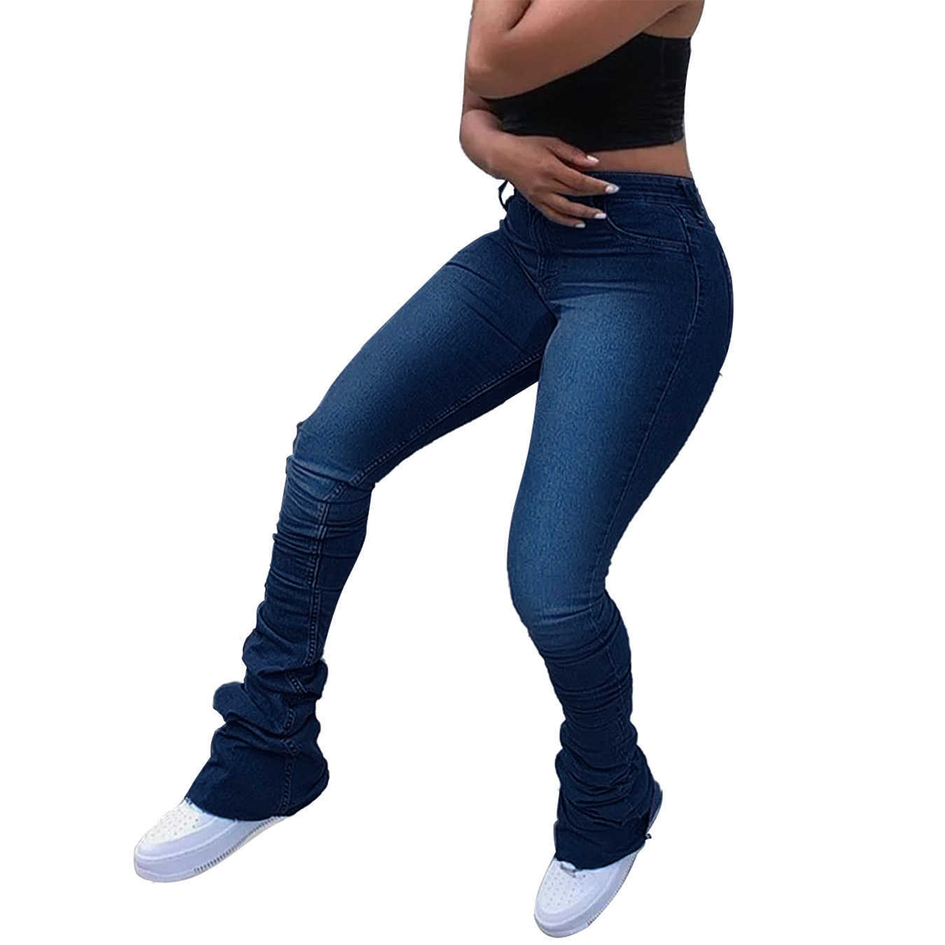 Spring Autumn Bell Bottom Mom Jeans Casual Light Blue Mid Waist Skinny Stacked Femme Fashion SkInny 90s Denim flared Pants 210809
