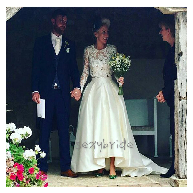 Two Pieces Country Wedding Dresses Long Sleeve Floral Lace Top With Satin Skirt A-Line High Low Bridal Gowns 2021 Garden Vestido De Noiva
