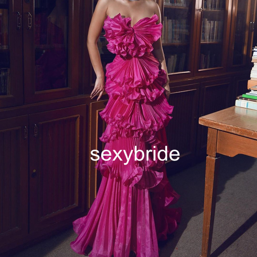 Sexy African Fuchsia Puffy Prom Dresses 2021 Pick-Up Long Sweetheart Formal Celebrity Evening Gowns Tiered Skit Ruffles Special Occasion