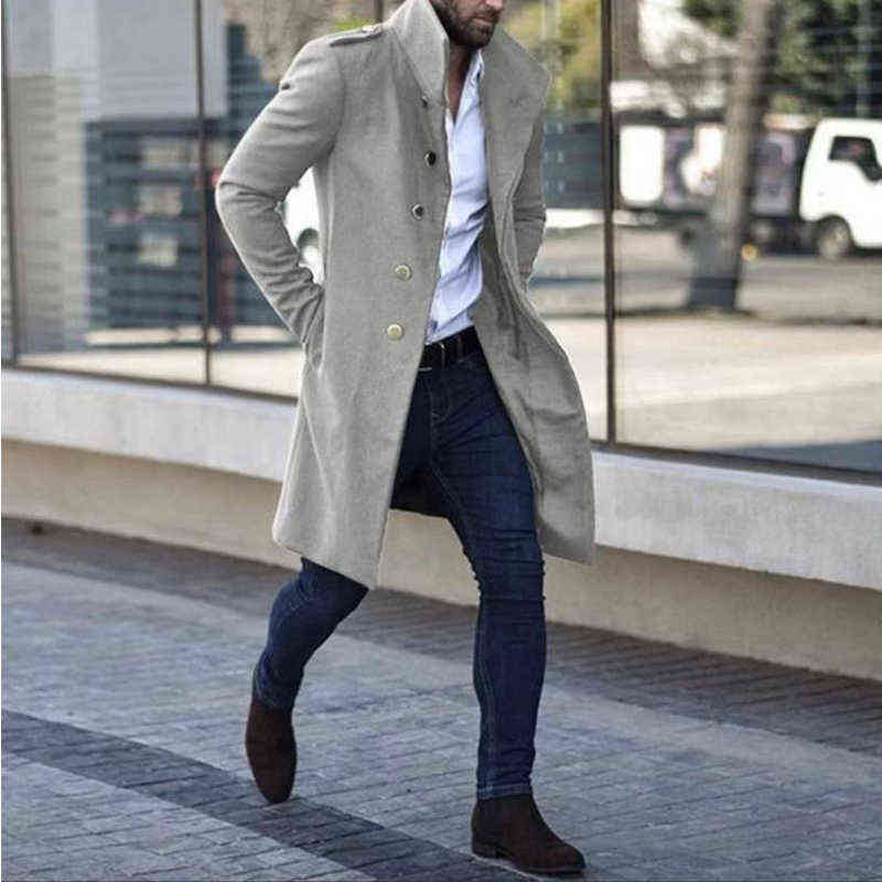 Winter Fashion Single Breasted Men Long Coats Mens Solid Warm Woolen Overcoats Casual Turn-down Collar Long Sleeve Cardigan 211122