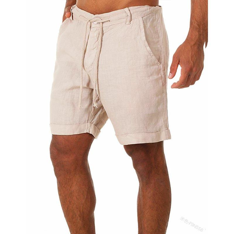New Fashion Men Summer Casual Short Pants Solid Color Drawstring Elastic Waist Comfy Cotton Linen Shorts