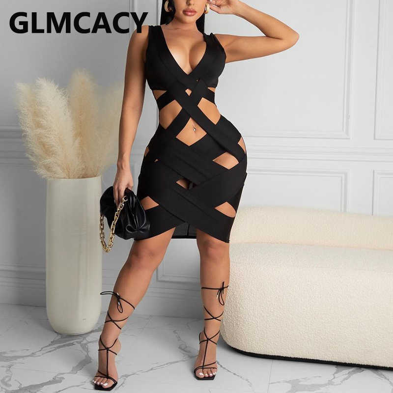 Women Sleeveless Plunge V-neck Bandage Dress Sexy & Club Bodycon Dresses 210702