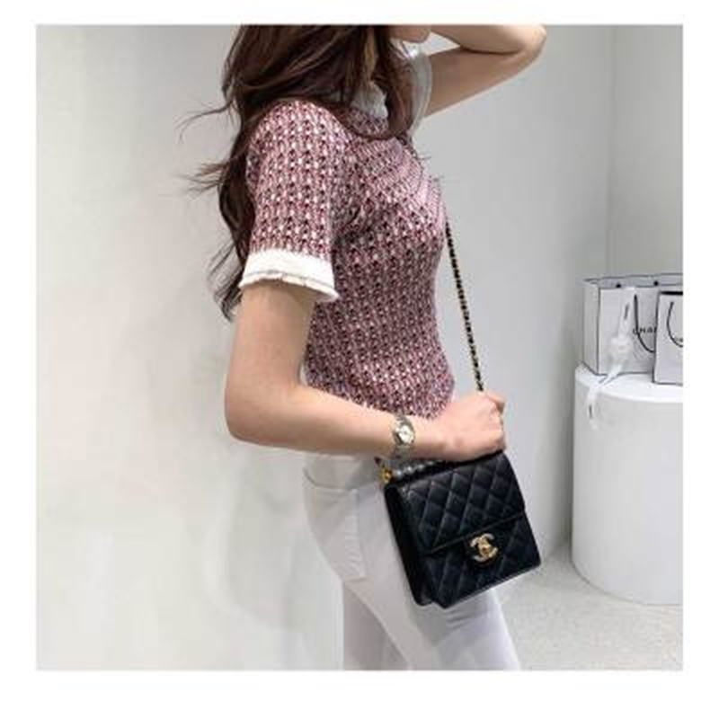 Summer Korean Vintage Elegant Knitted T-shirts Tees Women Short Sleeve O-neck Fashion Ladies Slim T Shirts Tops Femme 210306