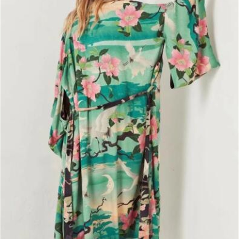 Bohemian V neck Crane Lotus Flower Print Long Kimono Shirt Ethnic Lacing up With Sashes Long Cardigan Loose Blouse Tops 210225