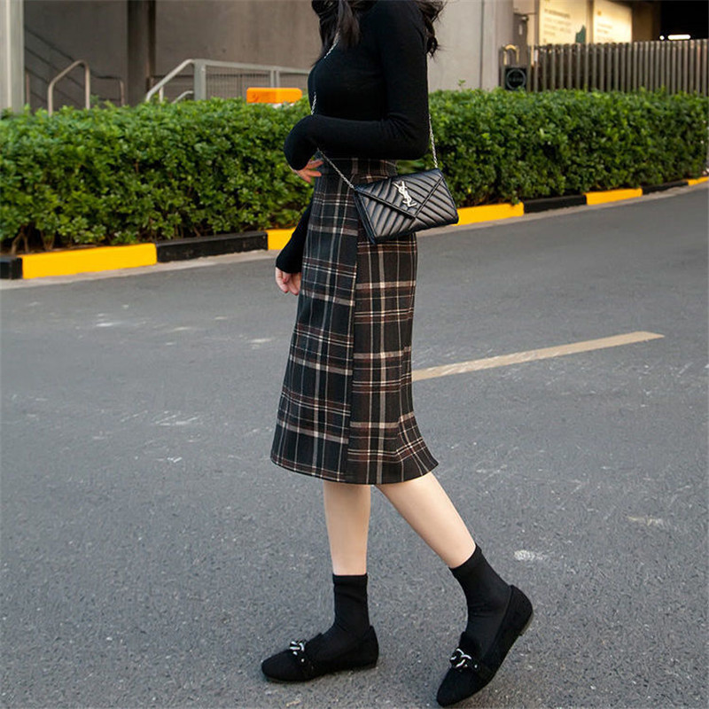 Plus Size High Waist Midi Long Wool Plaid Skirt For Women Winter Warm Wool Elegant Office Lady Vintage Skirt Autumn Maxi Skirts 210309