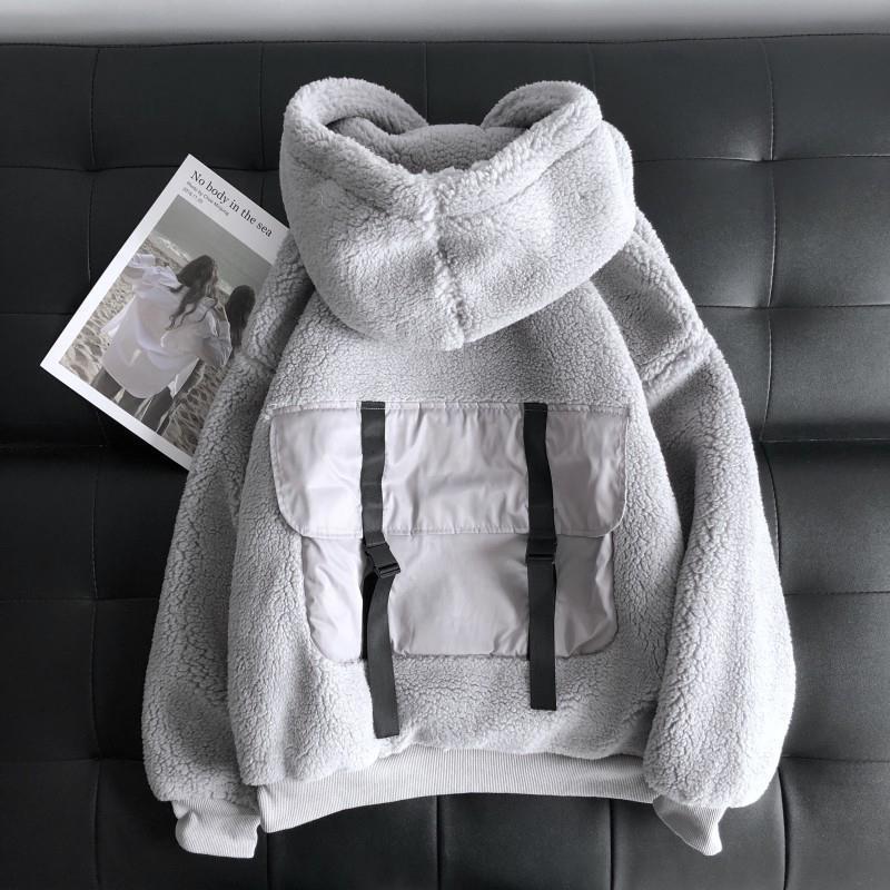 oversize Lamb velvet winter clothes women sweatshirt Korean style plus velvet hooded loose tops long sleeve harajuku hoodie 201102