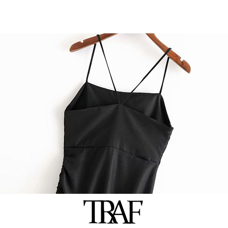 TRAF Women Chic Fashion Side Adjustable Drawstring Draped Midi Dress Vintage Backless Side Zipper Straps Female Dresses 210303