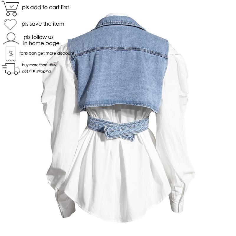GetSpring Women Blouse Cotton White Shirt Retro Puff Sleeve Women Shirt With Irregular Denim Vest Loose Vintage Blouse Autumn 210225
