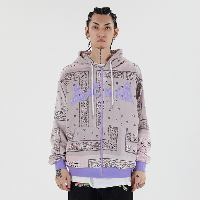 Mens Hip Hop Pullover Hoodies Embroidered Bandana Patchwork Full Zipper Hooded Sweatshirts Jackets Harajuku Casual Tops 201020
