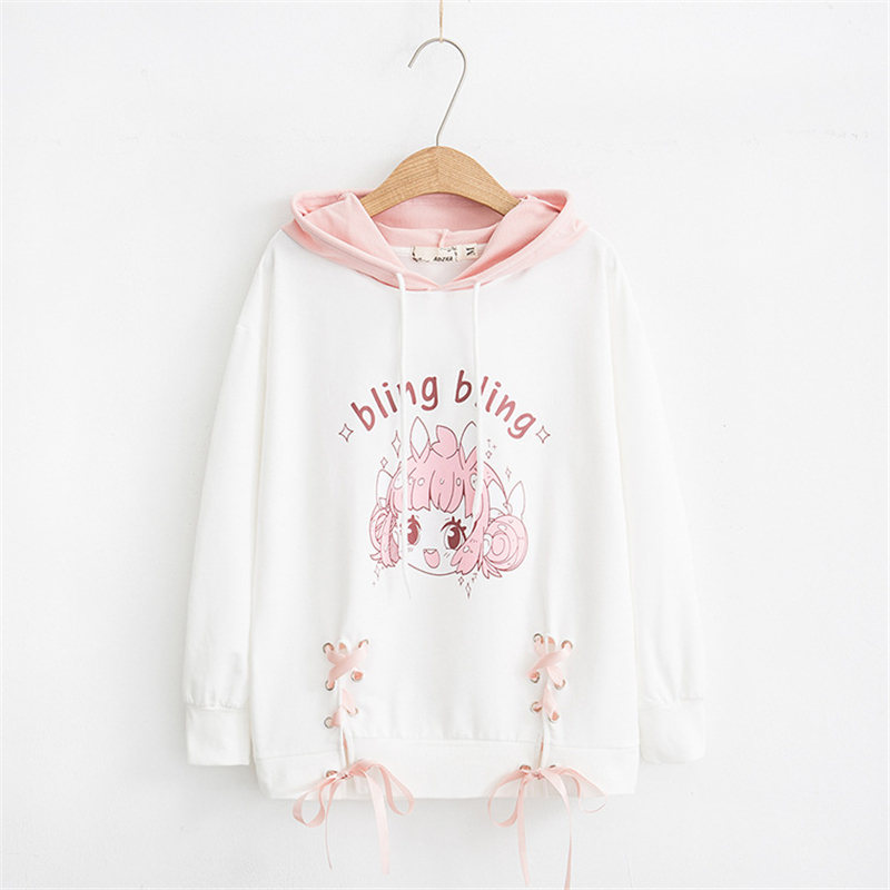 Merry Pretty Women Hooded Sweatshirts Cartoon Print Lace Up Pink Hoodies Sweet Style Girl Long Sleeve Drawstring Cute Pullovers 201217