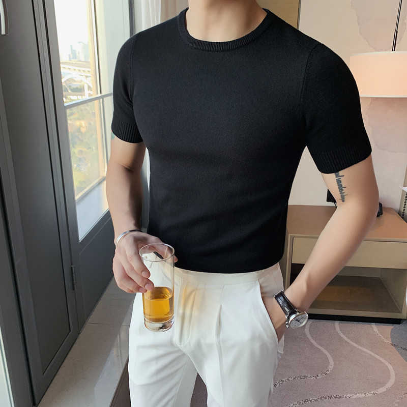6Colors Spring Short Sleeve Men Knitted Sweaters Casual Fashion Round Collar Slim Fit Pullovers Solid Plus Size 4XL-M 210813wtt