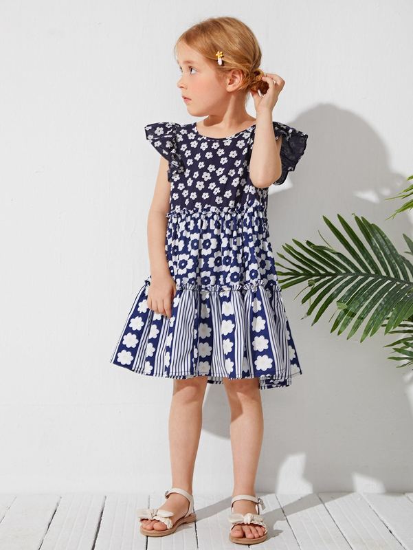 Toddler Girls Frill Trim Floral and Striped Dress SHE