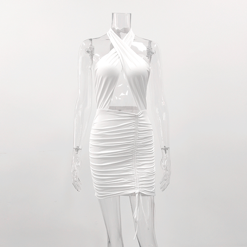 Fashionsta Sexy Criss Cross Neck With Tie Up Mini Dress Solid Hollow Out Halter Dress Party Club Dresses Summer Bodycon Vestidos 210309