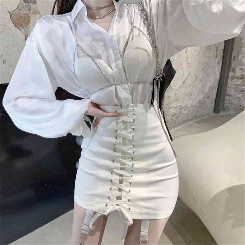Chic Design Chain Patchwork Lantern sleeve Sunscreen Shirt + High waist Cross straps Rope Wrapped hip Mini Skirt Two piece sets 210602, White
Chic Design Chain Patchwork Lantern sleeve Sunscreen Shirt + High waist Cross straps Rope Wrapped hip Mini Skirt Two piece sets 210602, White