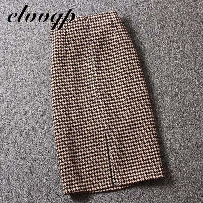 High Quality New Women Autumn Winter Harajuku Thickened Woolen Plaid Retro Skirt Female Elegant Office Work Skirts For Women 210303