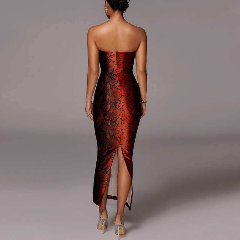 Colysmo Snake Print Midi Dress Strapless Split Elastic Patchwork Zipper Bodycon Leather Summer Woman Sexy Party Club Robe 210527
