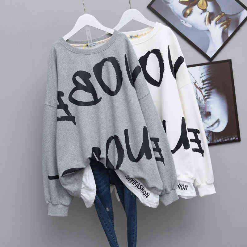 QWEEK Letter Print Crewneck Sweatshirt Women Spring Coat Oversized Hoodies Fashion Korean Style Kpop Long Sleeve Tops Women 211108
