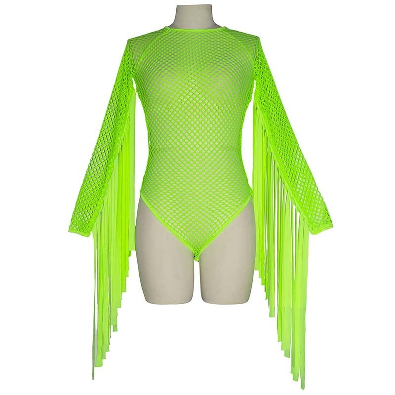 Beyprern Womens Goddess Tassle Fringe Bodysuit Fashion Long Sleeve Rainbows Striped Short Jumpsuit Festival Outfits Rave Wears Y200904