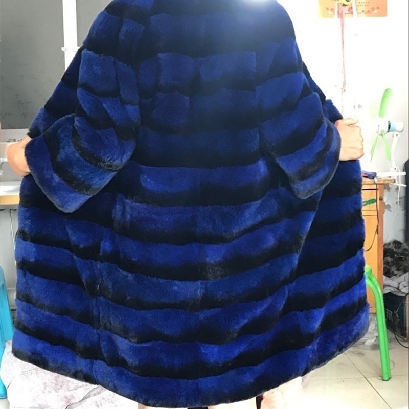 natural chinchilla Rex Rabbit fur coat jacket short overcoat stand collar striped outerwear coats women's winter clothing T200319
