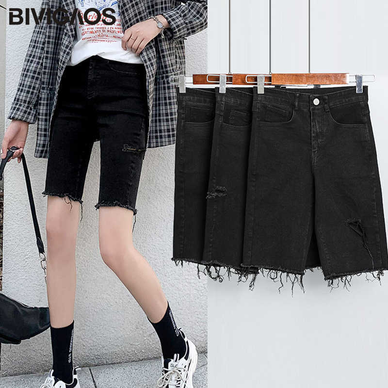 BIVIGAOS Black Elastic Jean Shorts Women Summer Straight High Waist Ripped Hole Short Jeans Casual Denim Biker Shorts 210625