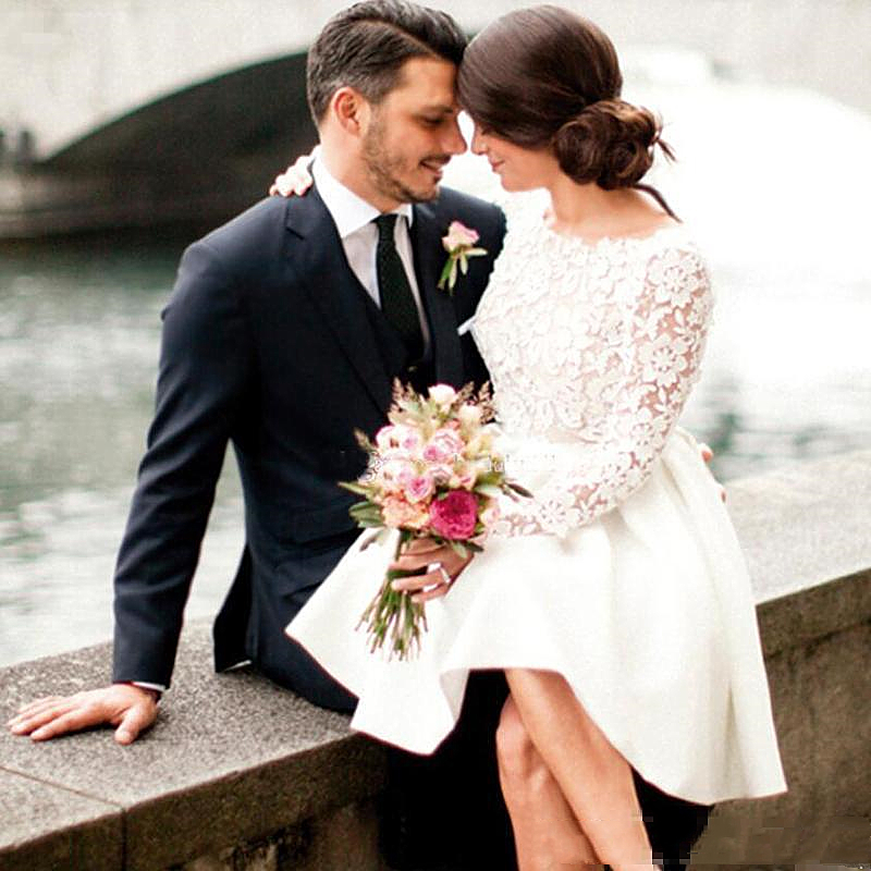 Sexy Backless Ivory Short Wedding Dresses A Line Illusion Lace Long Sleeve Outdoor Garden Bridal Gowns Summer Wedding Dress Cheap Vestidos