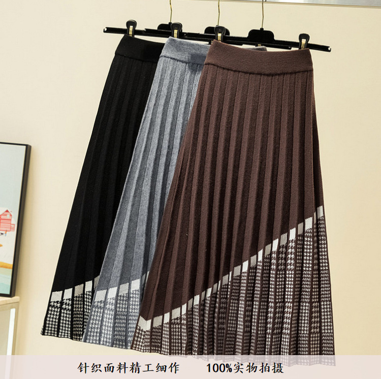 High Quality Women's Knitted Skirt Fall Winter Fashion Houndstooth Hit color Patchwork Skirt Pleated Thick Black Warm Skirts 210309