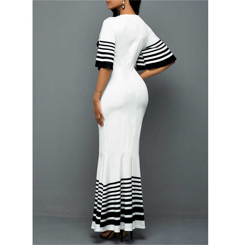 Long Dress Women printed Stitching Long High Waist Short Sleeves V-Neck Plus Size 5XL fishtail Womens Dress 210630