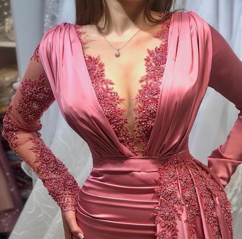 Plus Size Arabic Aso Ebi Lace Beaded Mermaid Prom Dresses Sheer Neck Long Sleeves Evening Formal Party Second Reception Gowns Dress C0213