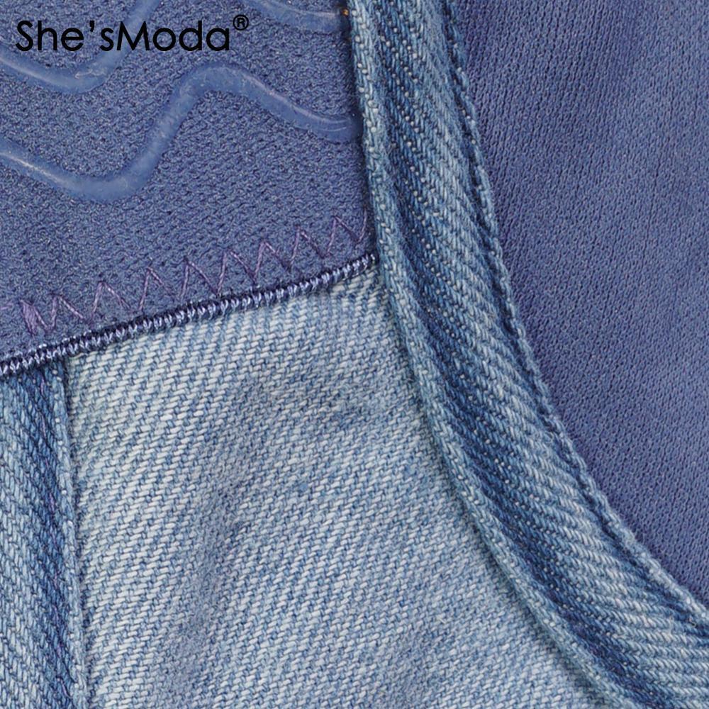 She'sModa Denim Jeans Scratched Women's Button Diamonds Ripped Push Up Bustier Night Club Party Crop Top New Corset Camise 201028