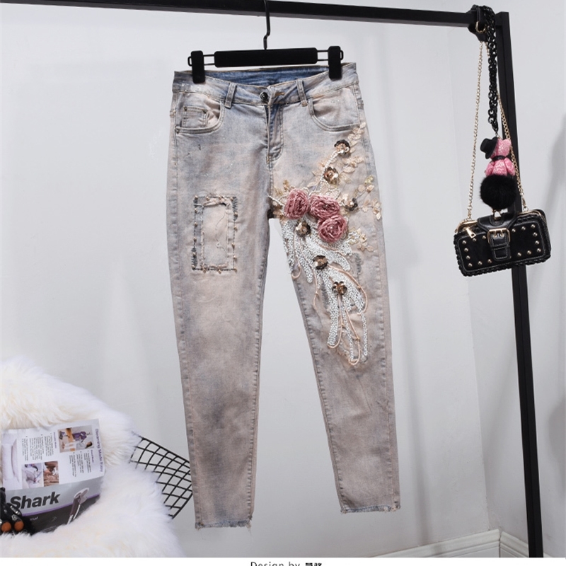 Spring Summer New Jeans Set Womens Two Piece Sets Sequined Embroidered Denim Waistcoat Slim Jeans Plus Size Shorts Suit T200325