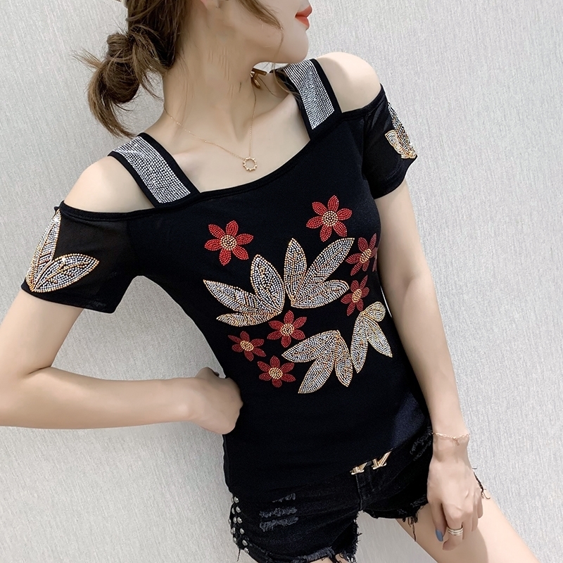 Summer Fashion European Clothes T-shirt Sexy Off Shoulder Diamonds Mesh Women Tops Ropa Mujer All Match Tees New T06625 210306