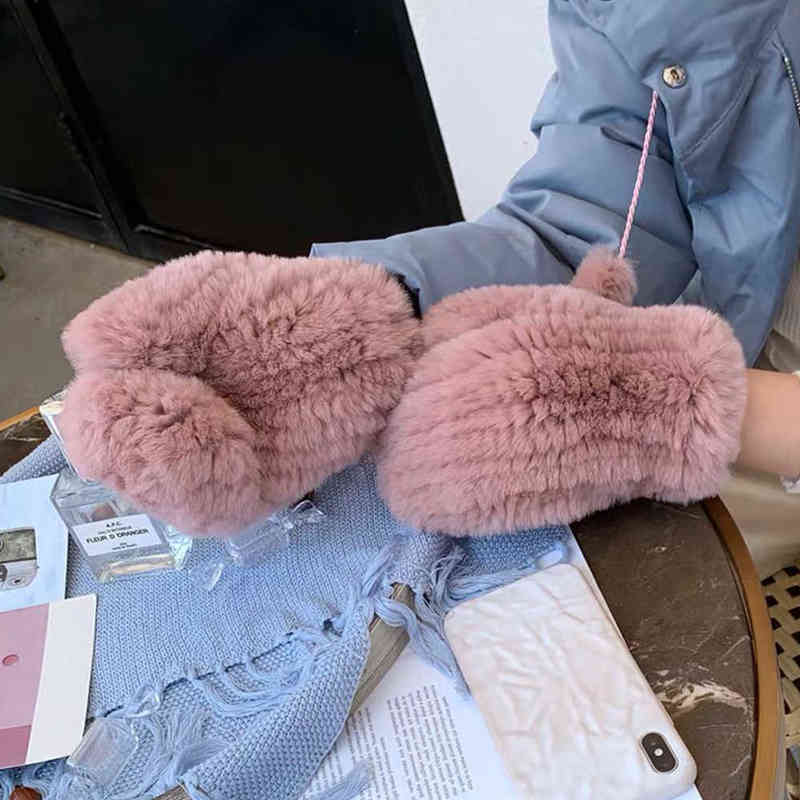 Women's Winter Real Rex Rabbit Fur Gloves Warm Thick Ladies Mittens Elastic Girls Ski Glove Mitts Soft With String 211223