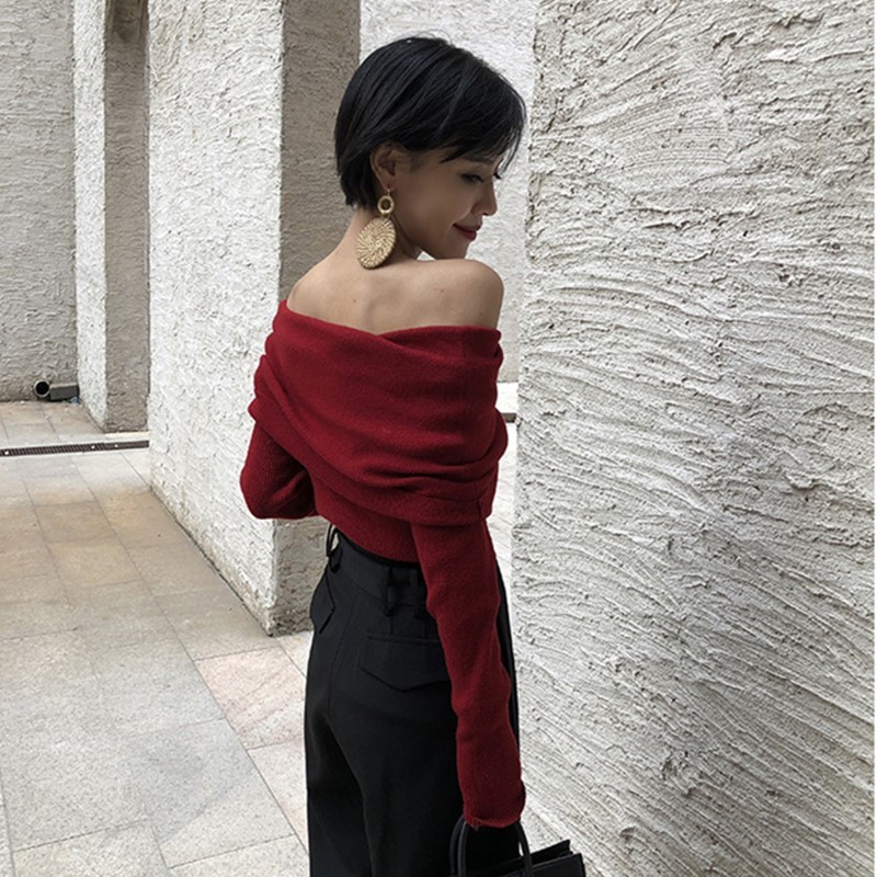Spring Autumn off Shoulder Women Sweaters Elegant Vintage Knitted Solid Jumper High Stretch Top C-077 210218